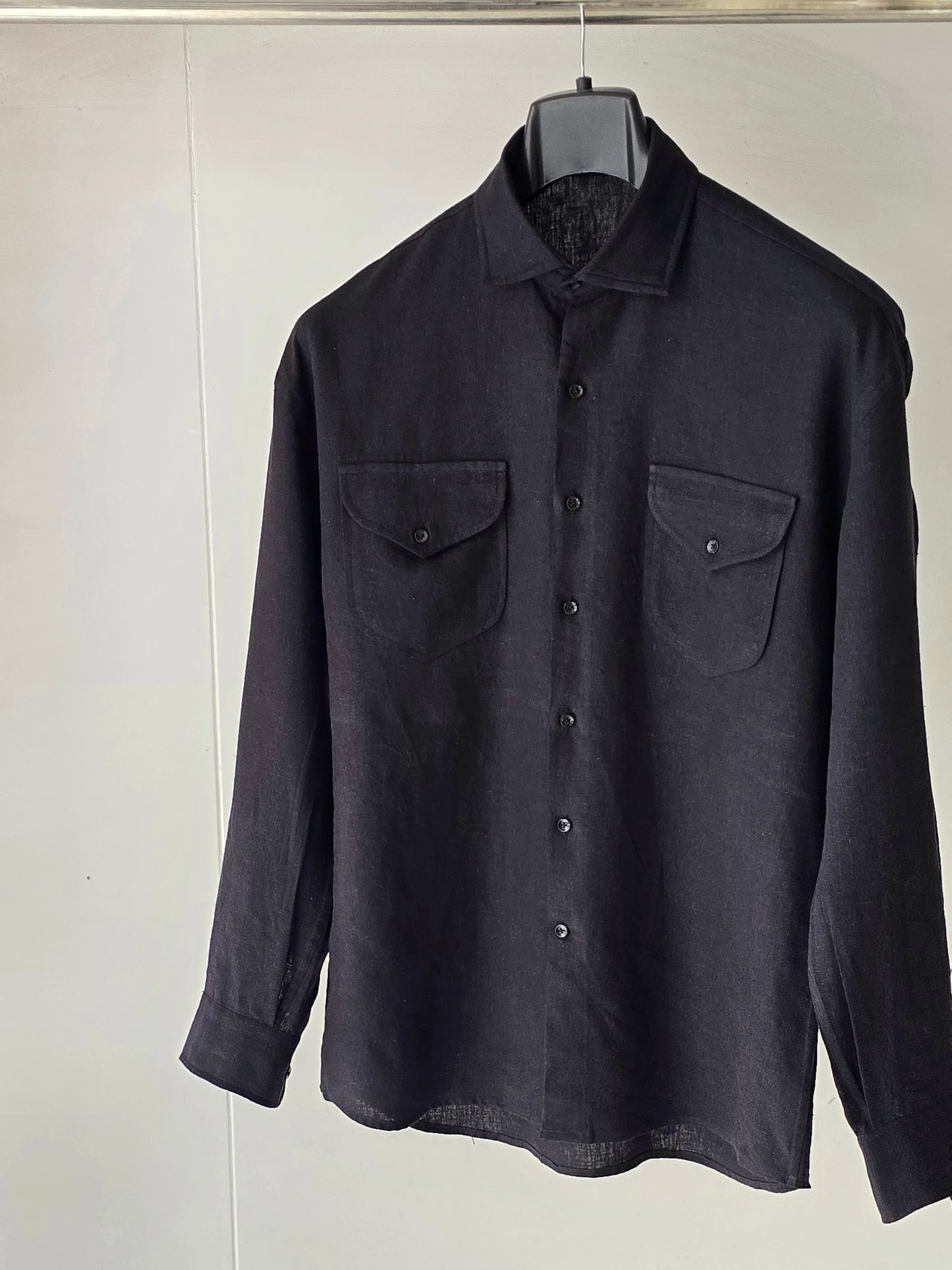 Black Drop Shoulder Linen Shirt.