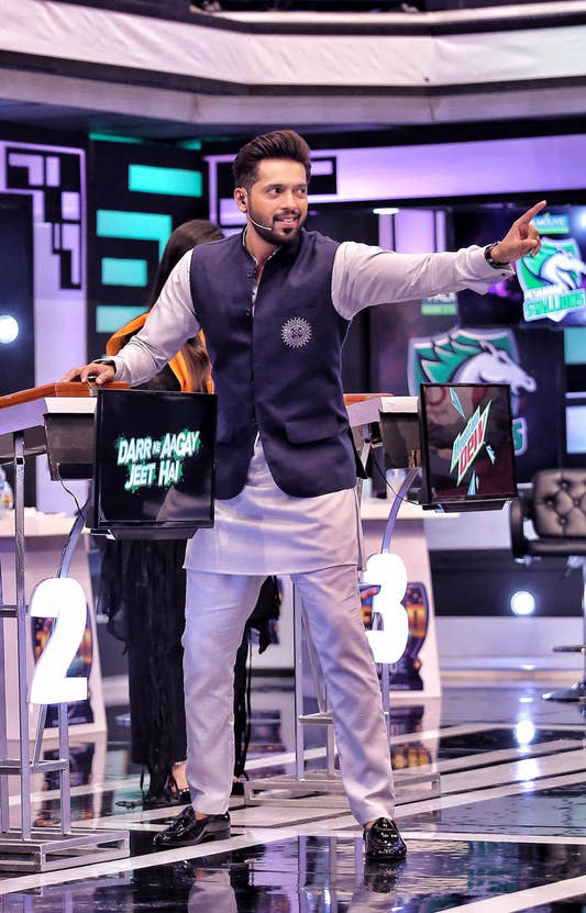 Grey Sufi Kurta Trouser With Navy Blue Chest Motif Waistcoat - Snug