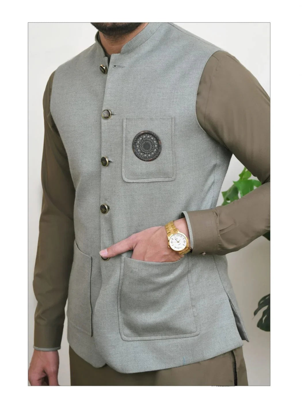 Light Green Self Waistcoat With Metal Buckle - Snug