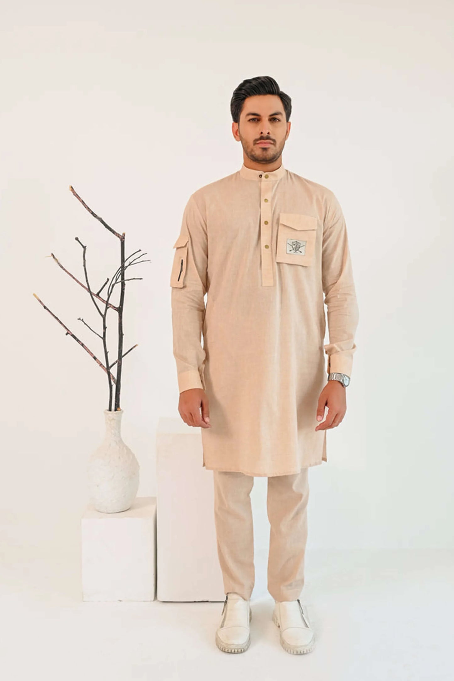 Beige Linen Loose Pocket Kurta Trouser