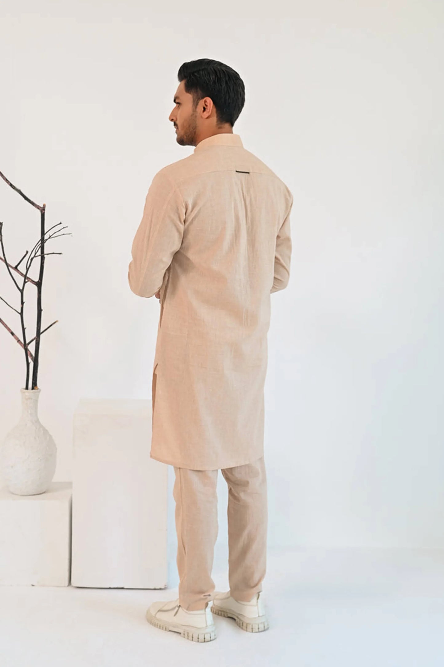Beige Linen Loose Pocket Kurta Trouser