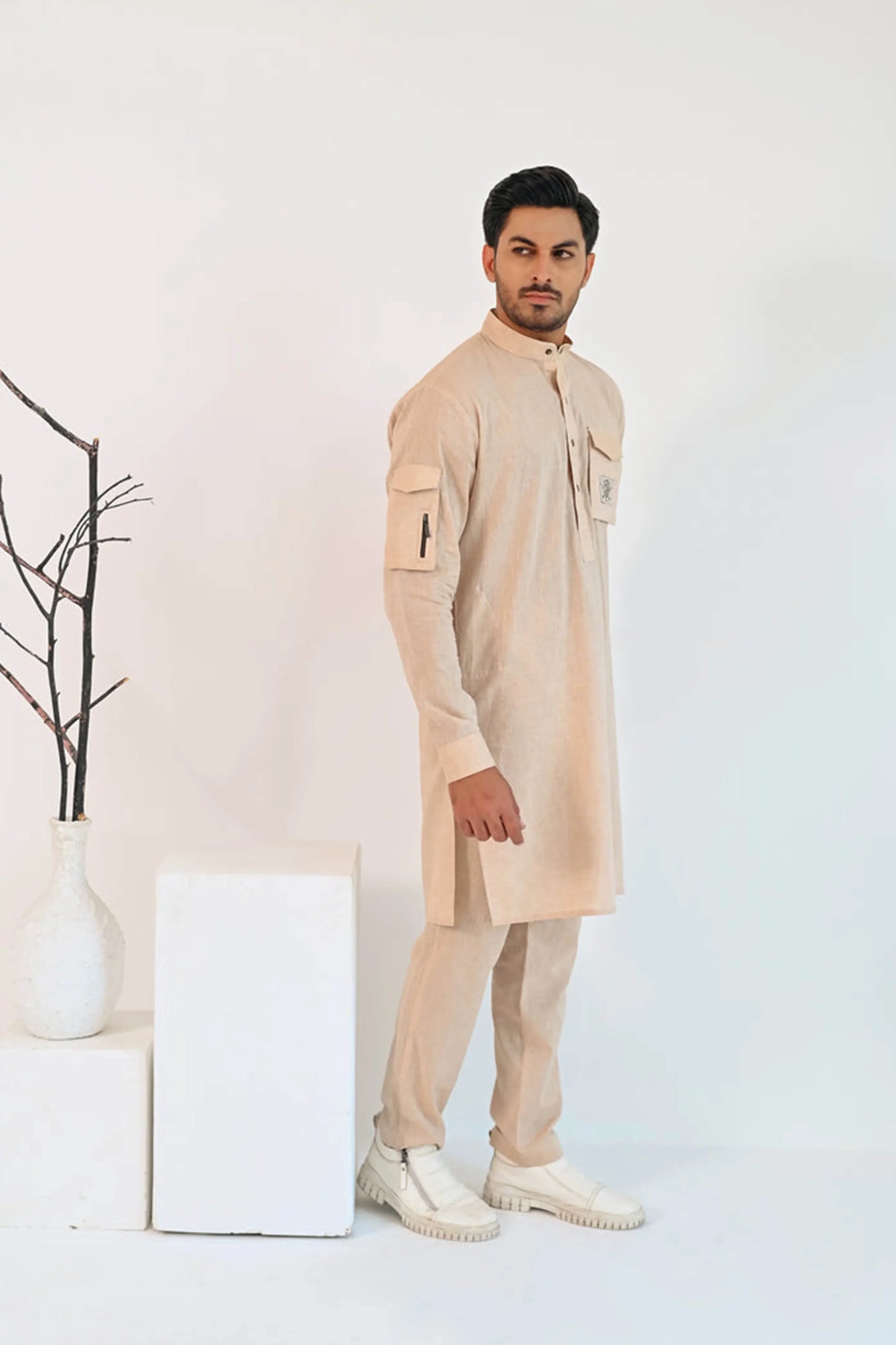Beige Linen Loose Pocket Kurta Trouser