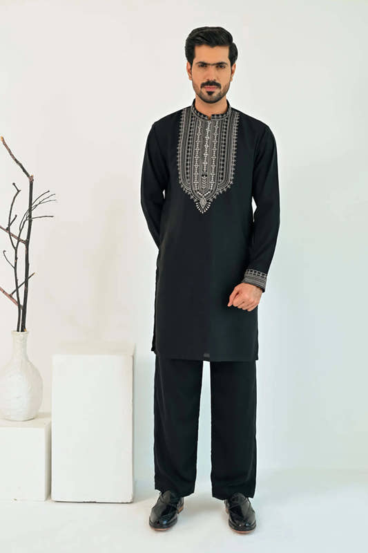 Black Embroidered Plush Kurta Trouser - Snug