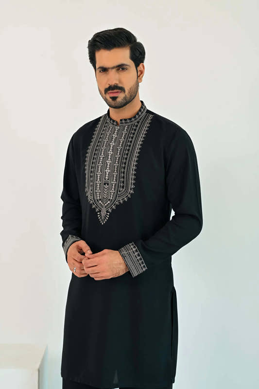 Black Embroidered Plush Kurta Trouser - Snug
