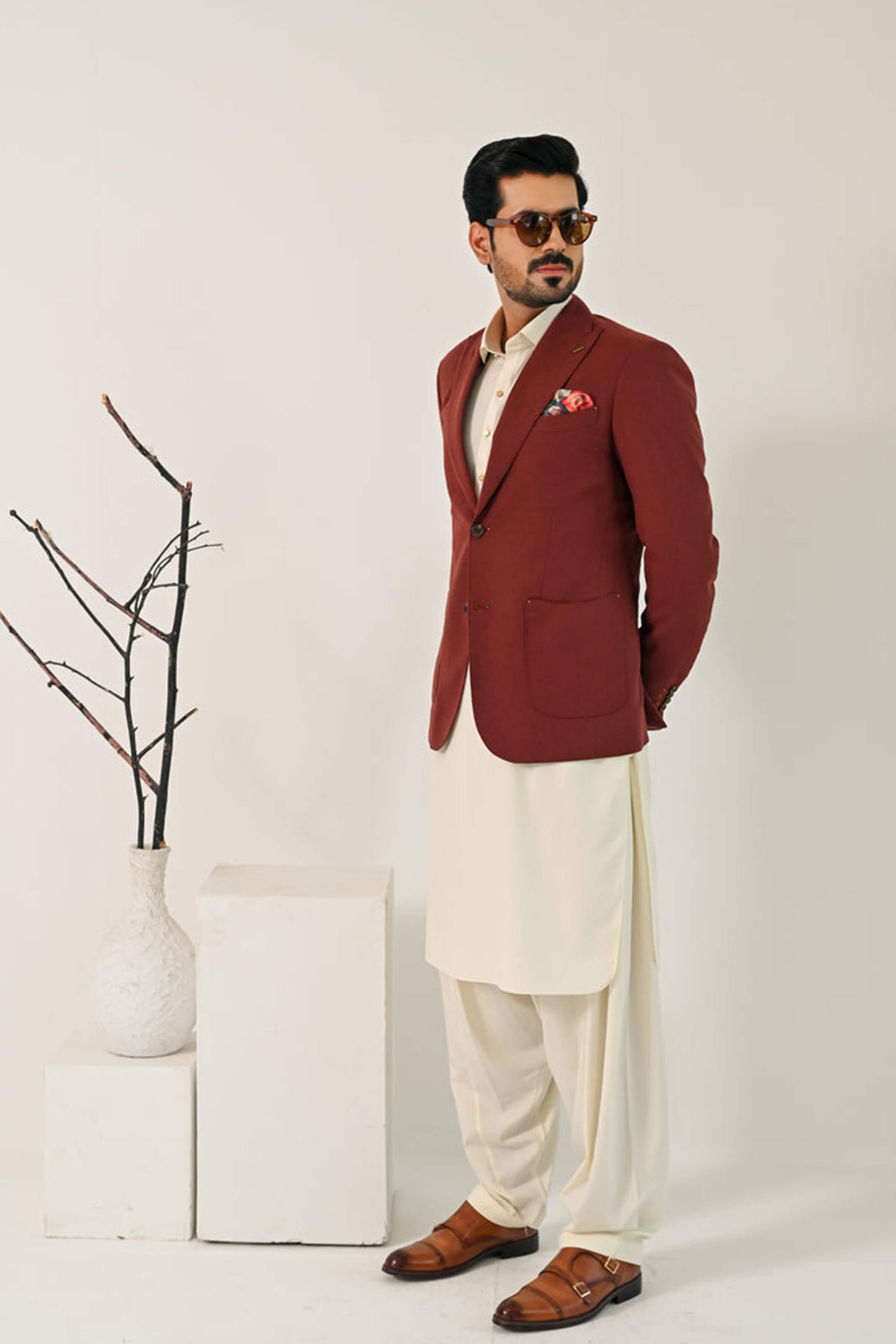 Boski Tone Kurta Shalwar with Cinnamon Linen Blazer