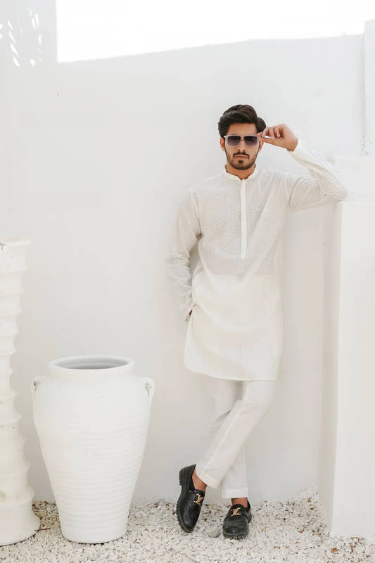 White Embroidered Kurta trouser - Snug