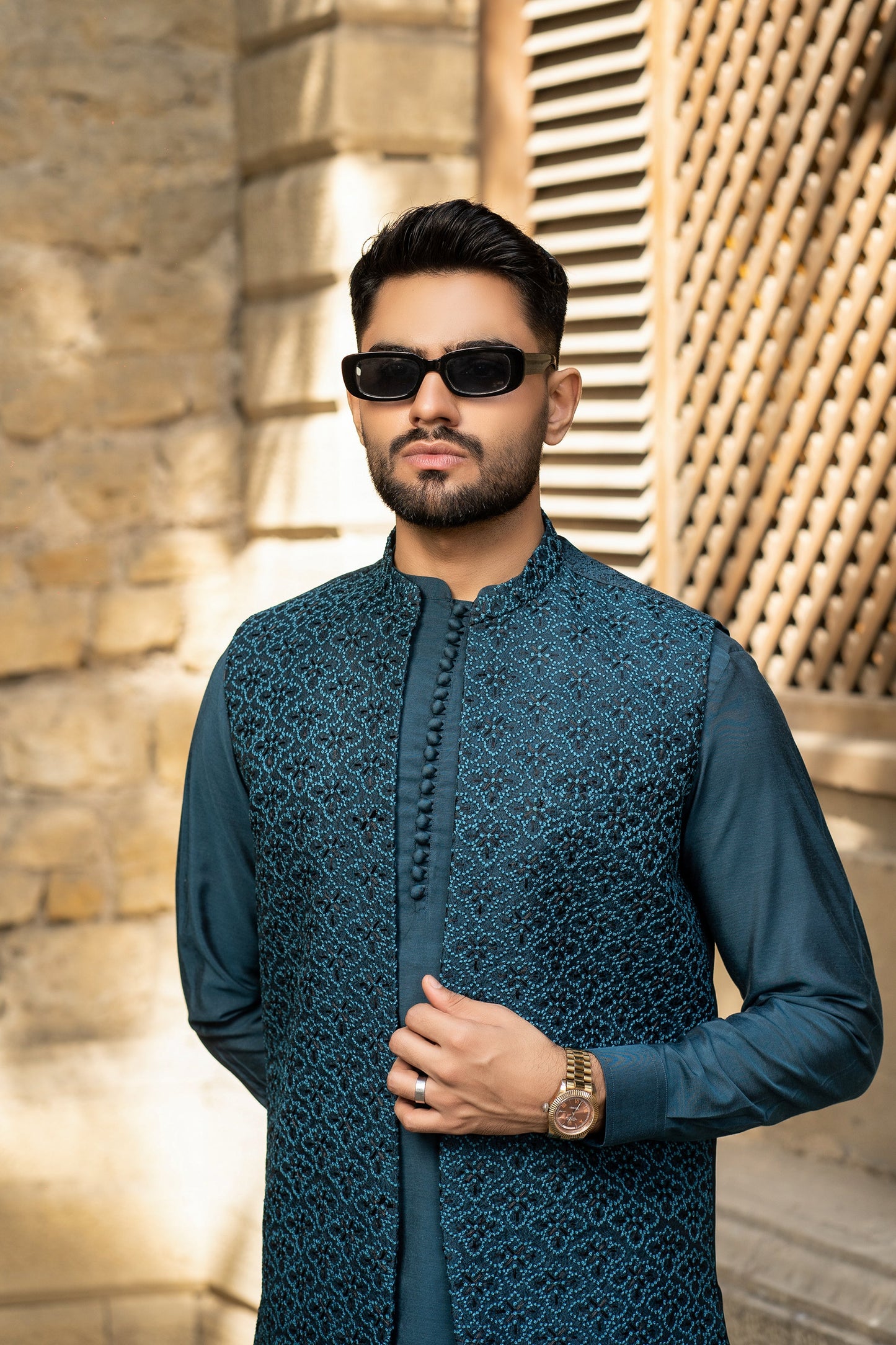 Oceanic Ensemble: Front-Open Waistcoat & Loop Kurta Set by Snug.