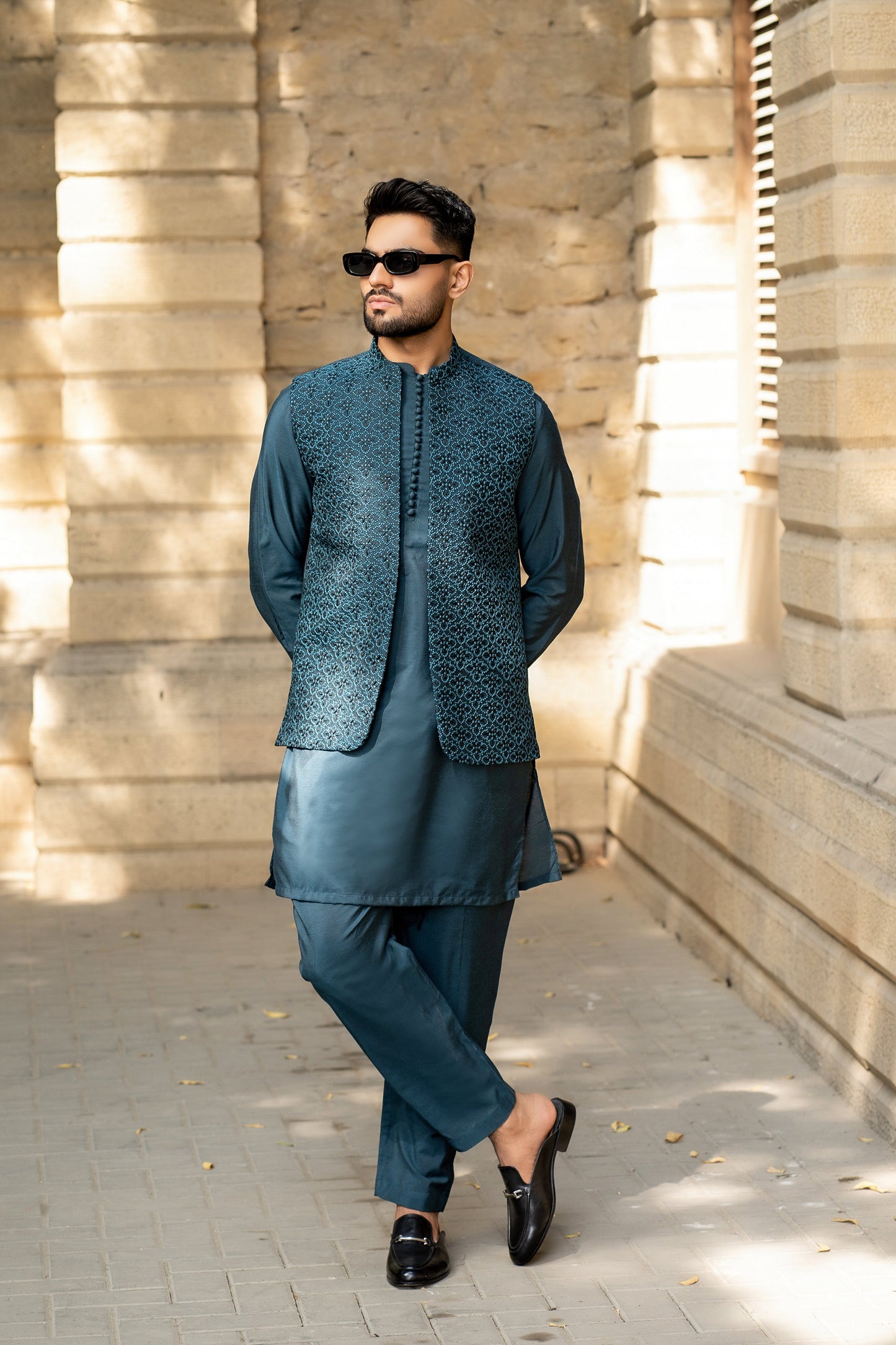 Oceanic Ensemble: Front-Open Waistcoat & Loop Kurta Set by Snug.