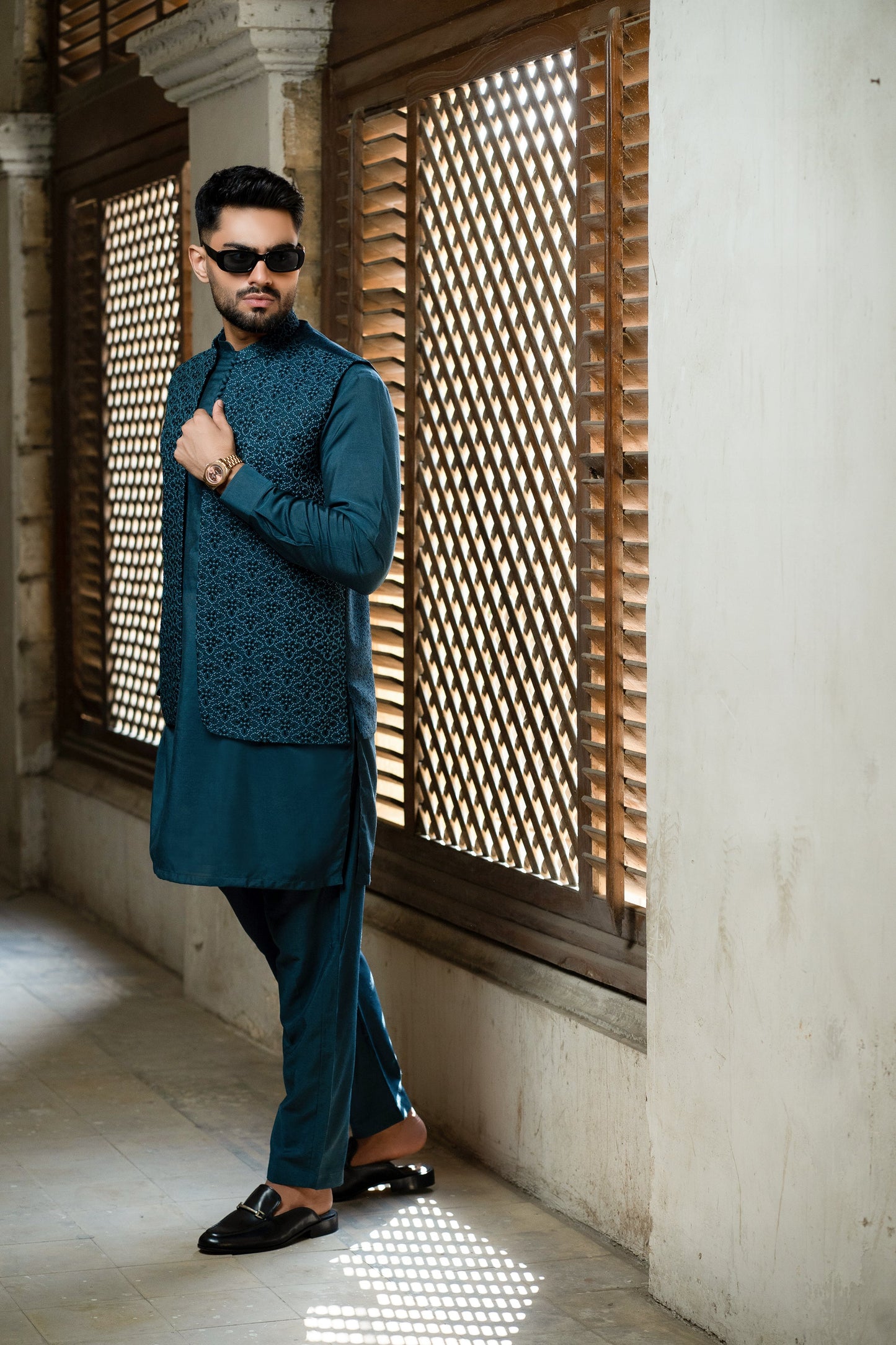 Oceanic Ensemble: Front-Open Waistcoat & Loop Kurta Set by Snug.