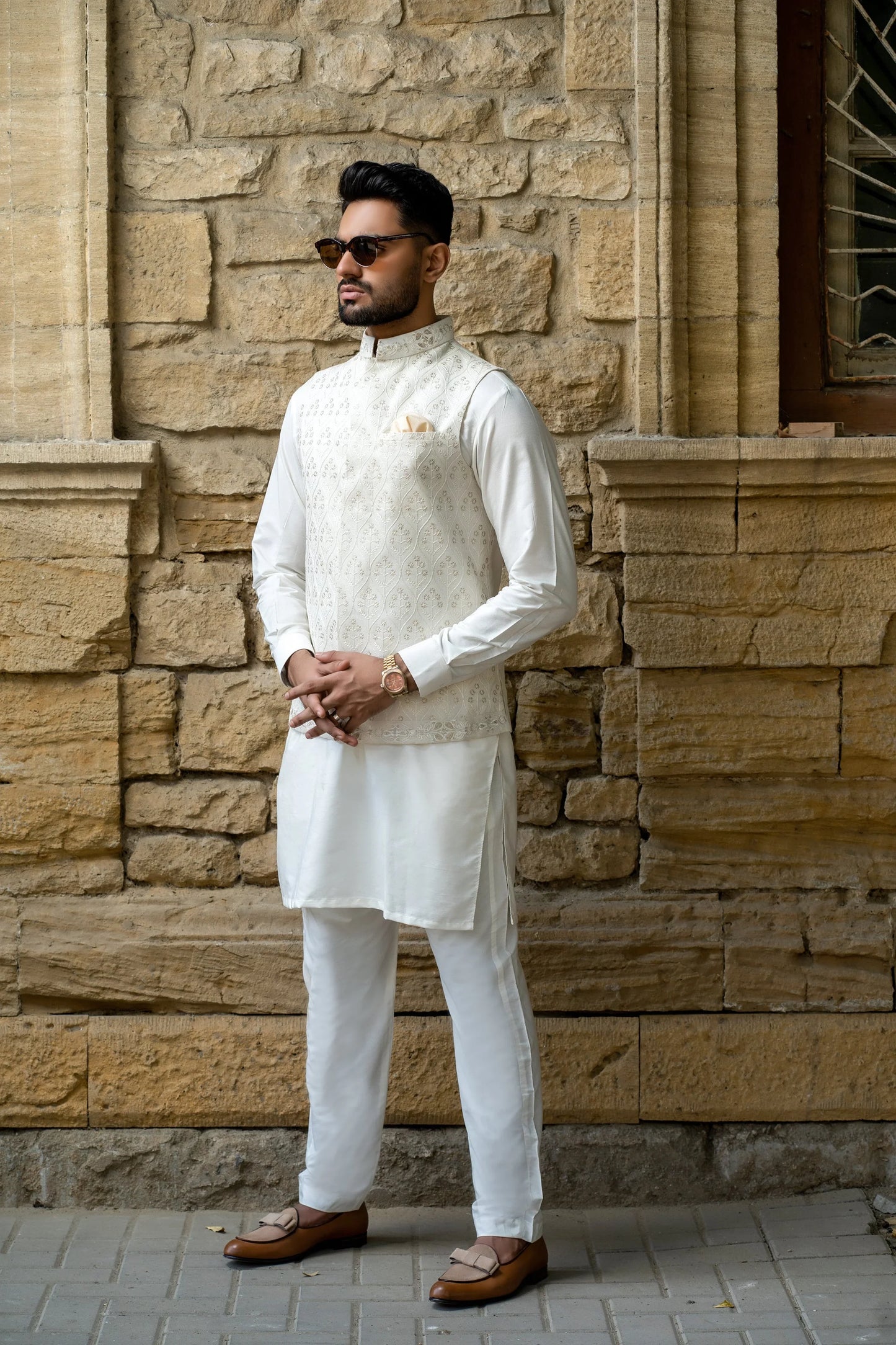 Chandi Warq - White Embroidered Waistcoat by Snug. - Snug