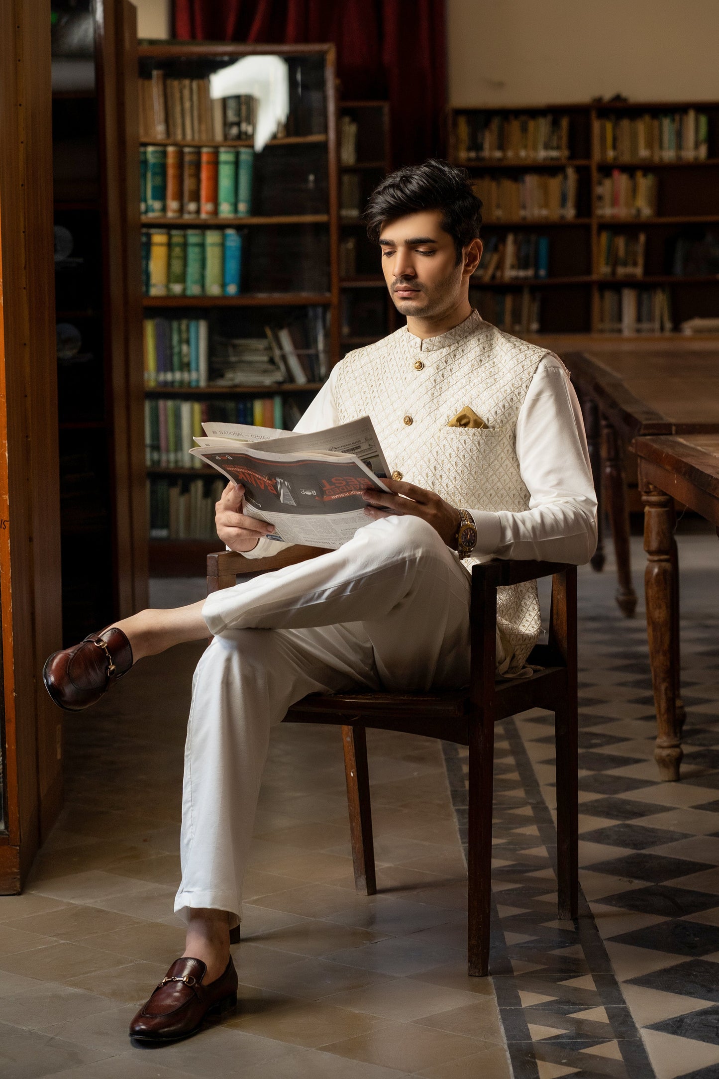 Golden Gleam: White Embroidered Waistcoat by Snug