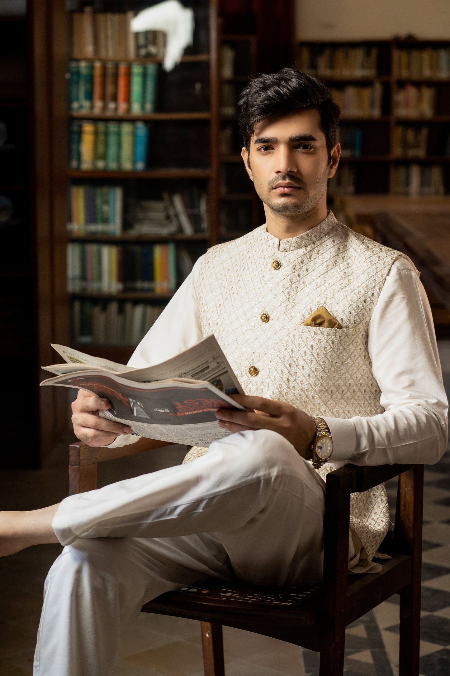 Golden Gleam: White Embroidered Waistcoat by Snug