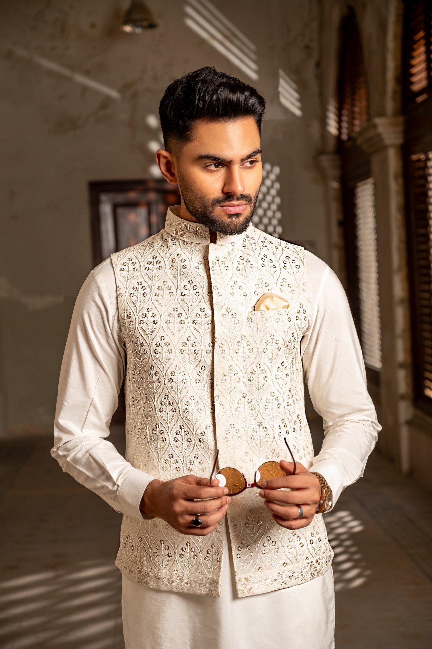Chandi Warq - White Embroidered Waistcoat by Snug.
