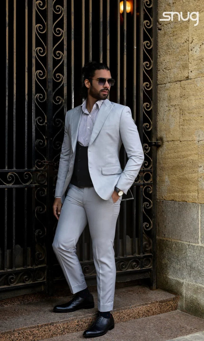 Light Grey Suiting With Black Vest - Snug