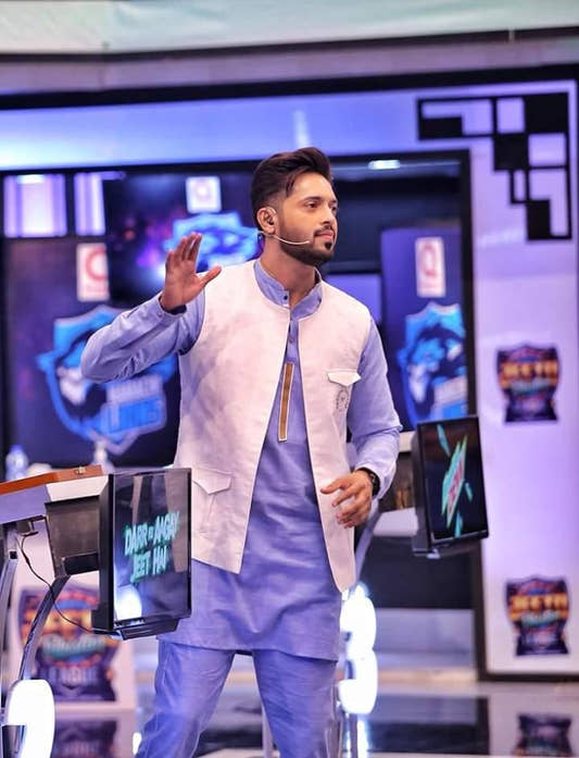 Sky Blue Linen Kurta Trouser With Logo Waistcoat - Snug
