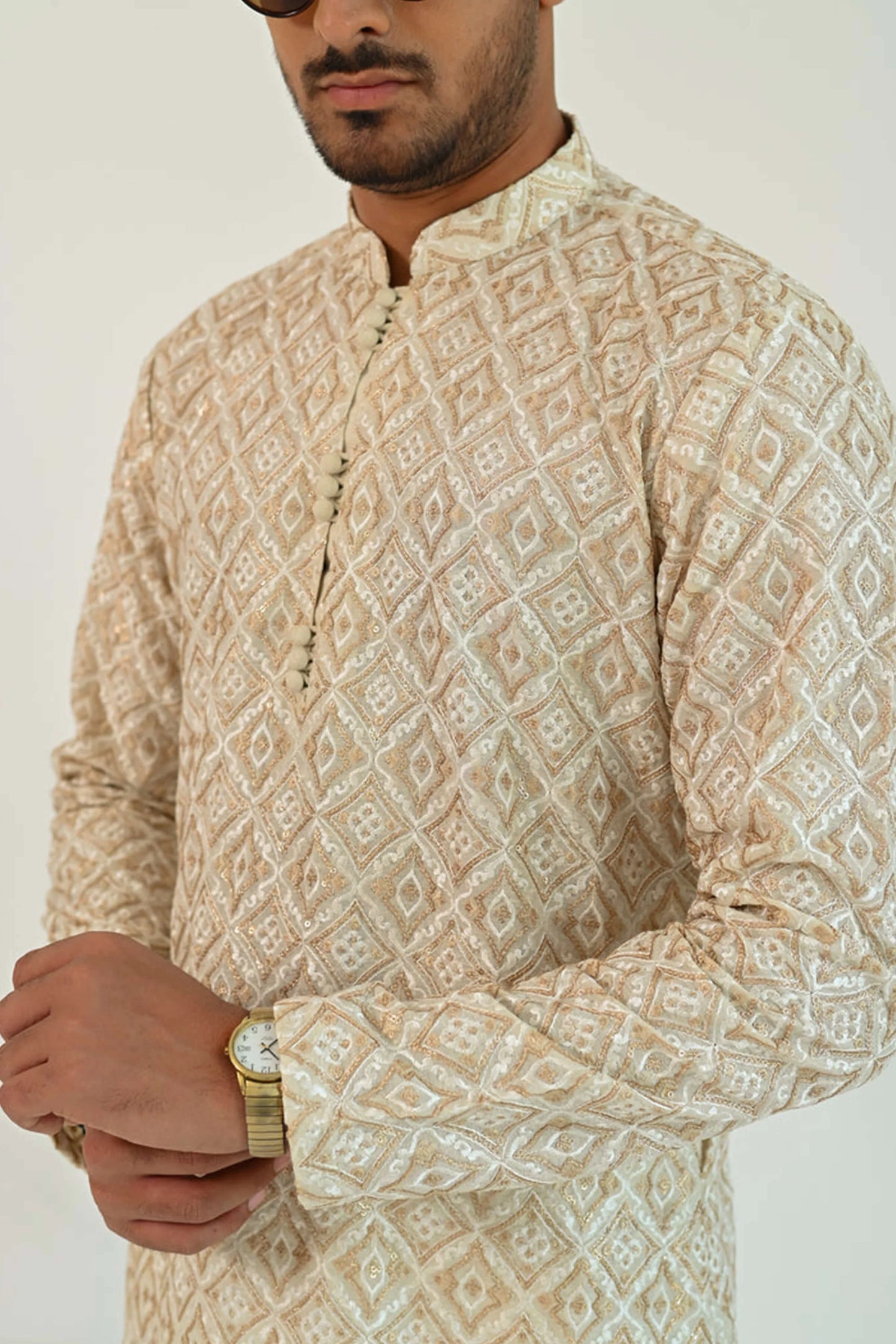 Golden Embroidered Karandi Kurta Trouser - Snug