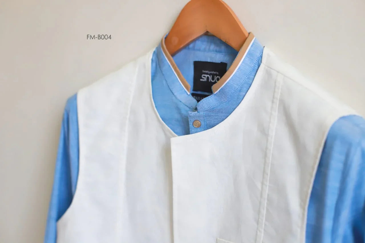 Sky Blue Linen Kurta Trouser With Logo Waistcoat - Snug