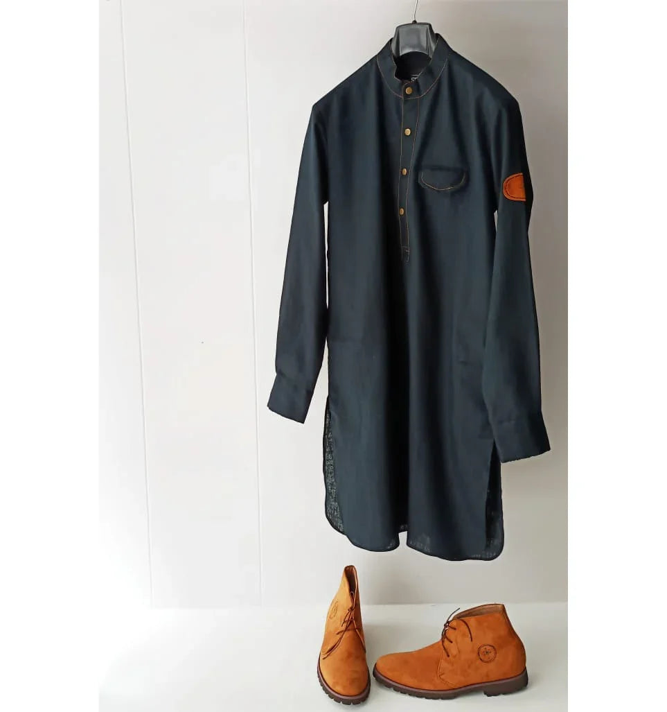 Denim Retro Kurta Trouser with Leather Waistcoat. - Snug