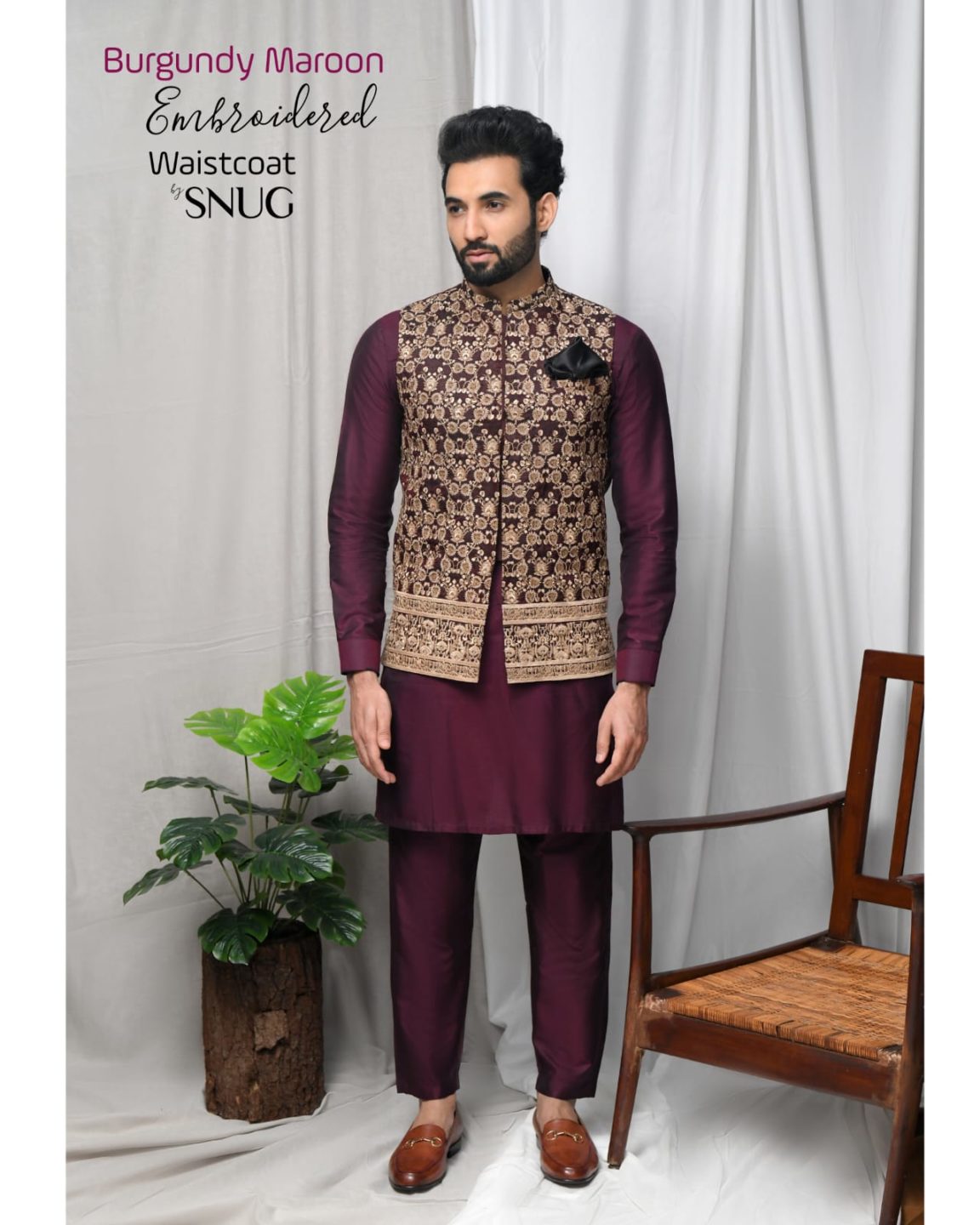 Burgundy Maroon Embroidered Waistcoat
