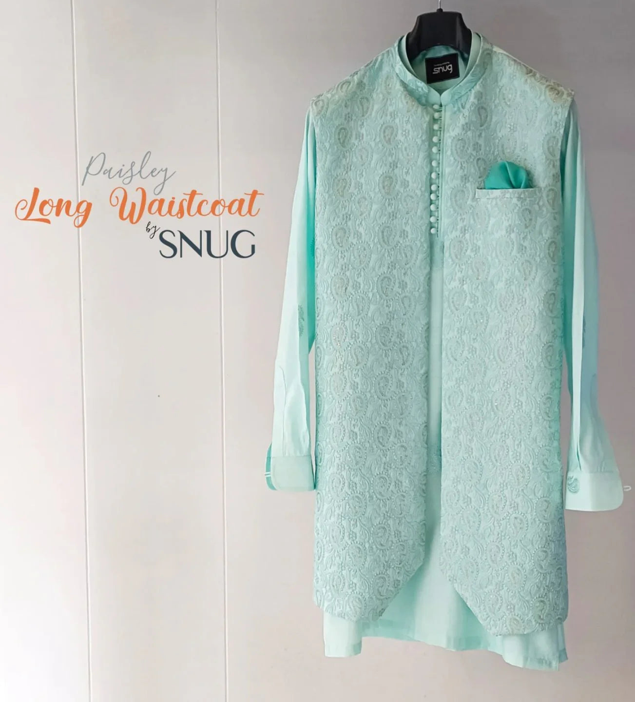 Aqua Embroidered Long Waistcoat with Paisley Kurta Trouser - Snug