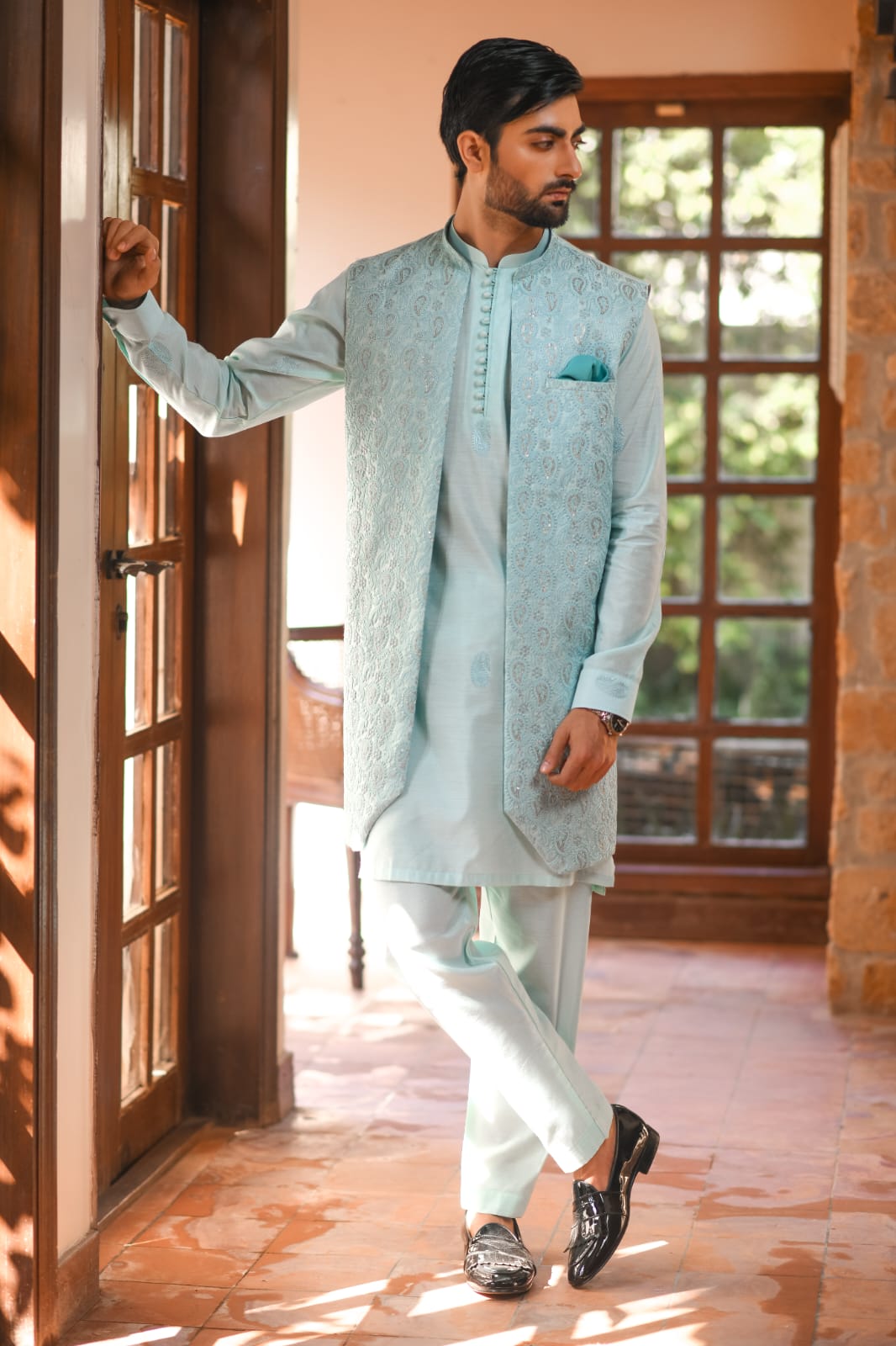 Aqua Embroidered Long Waistcoat
