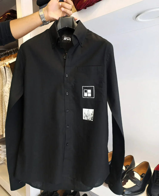 Black Linen Patch Printed Shirt. - Snug