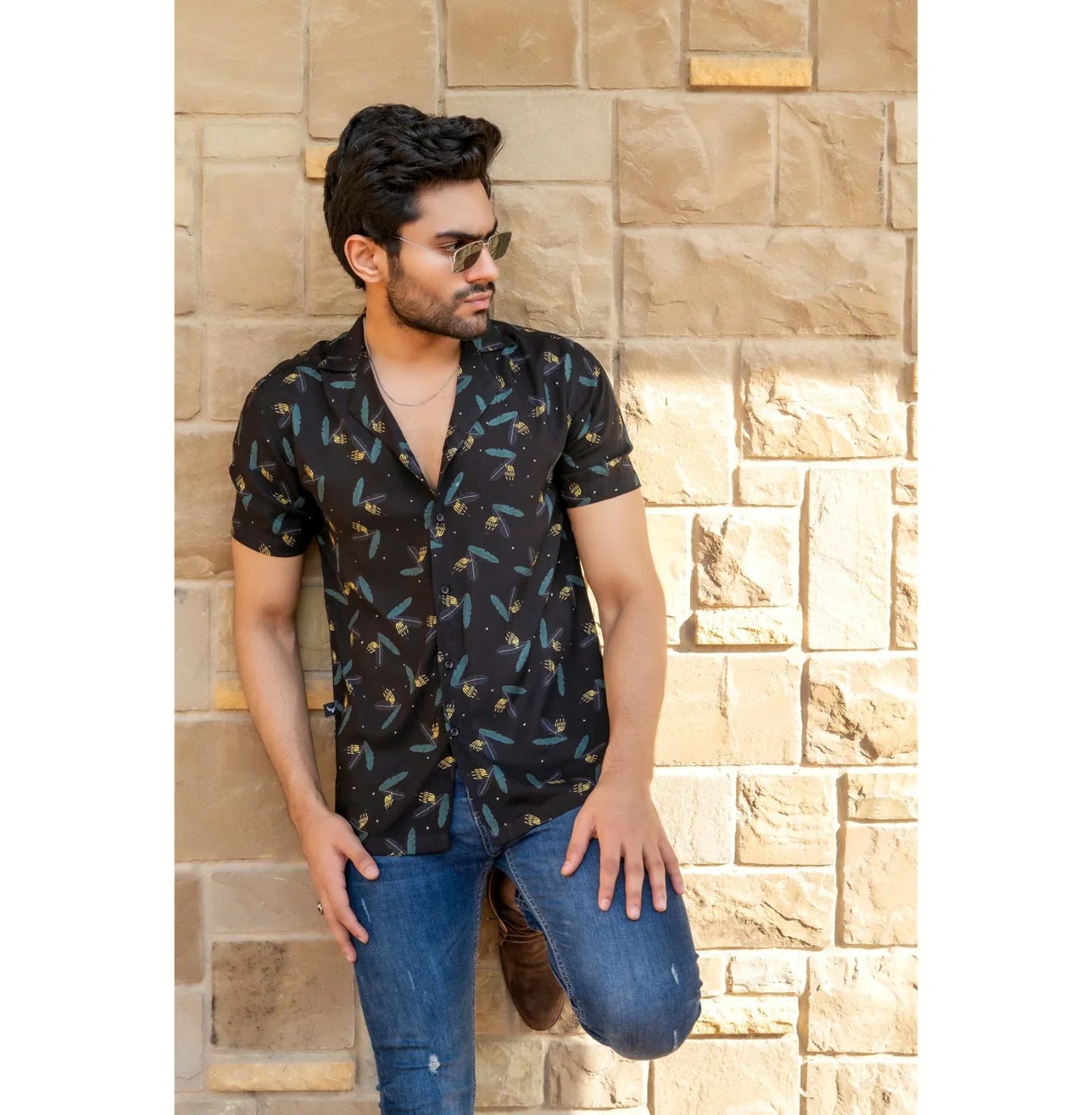 Leaf black print gauzy shirt - Snug