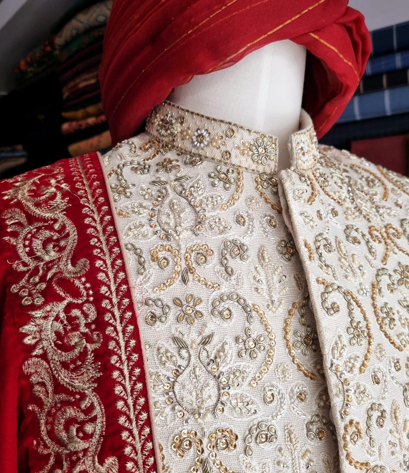 White Hand Embroidered Groom's Sherwani - Snug