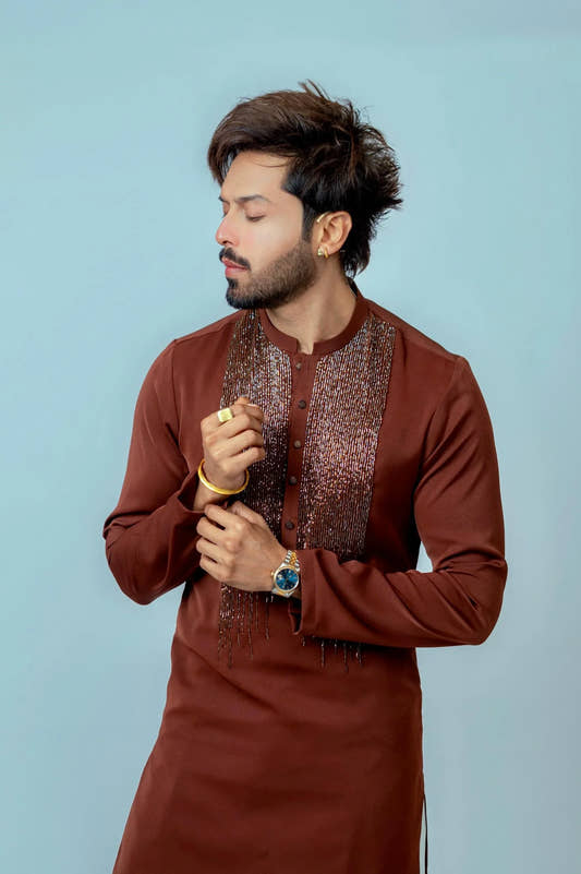 Snug's Tobacco Brown Hand-Embroidered Kurta Trouser Set: As Worn by Fahad Mustafa - Elevate Your Style. - Snug