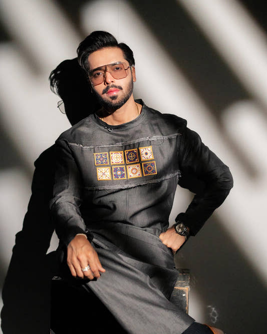Grey Denim with Embroidered badges Kurta Trouser