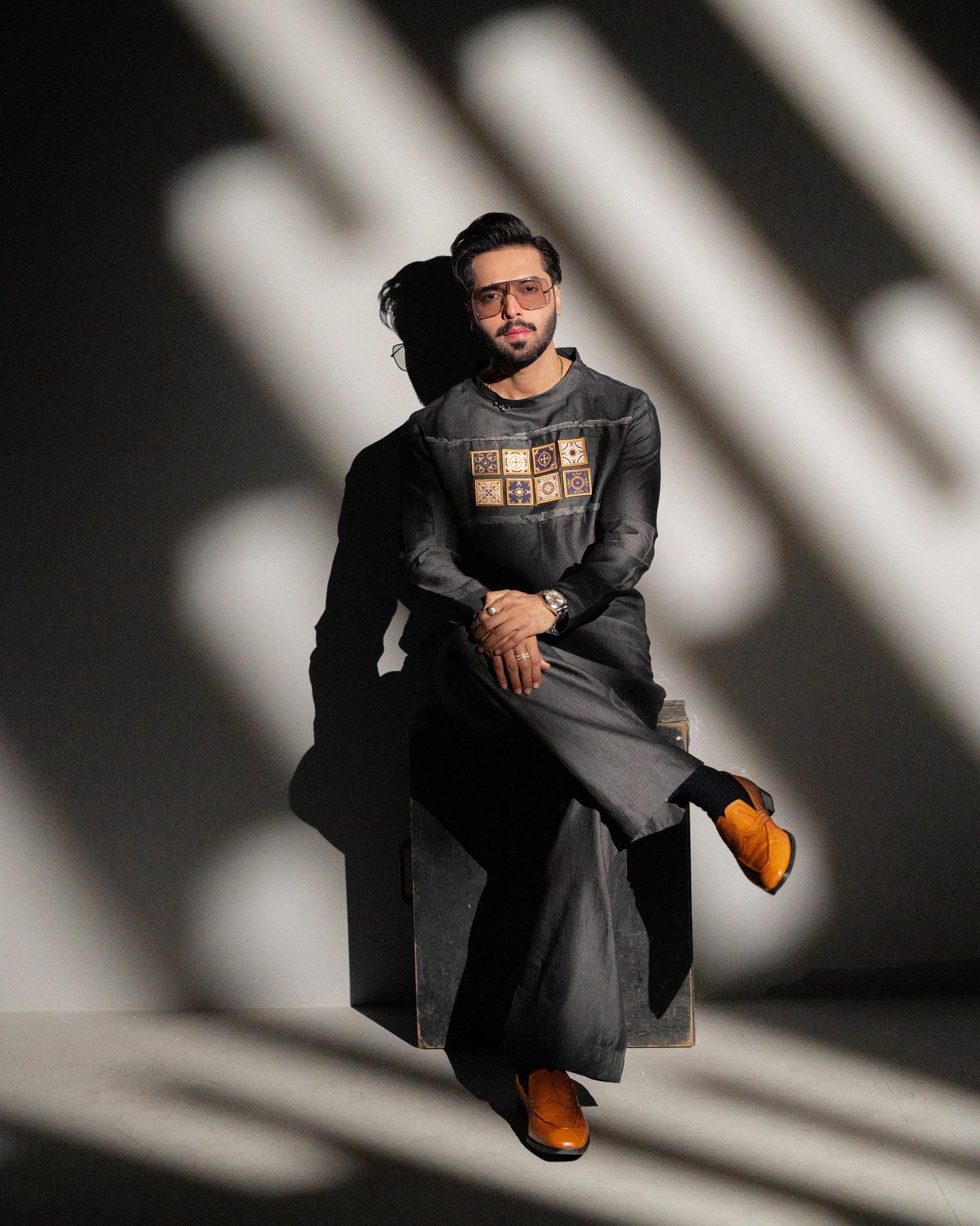 Grey Denim with Embroidered badges Kurta Trouser
