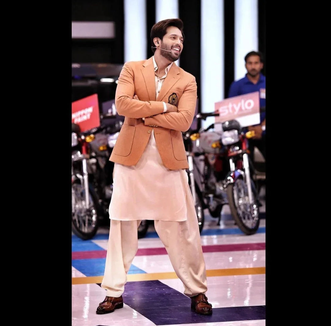 Golden Egyptian Qamiz Shalwar With Orange Embroided Blazer - Snug