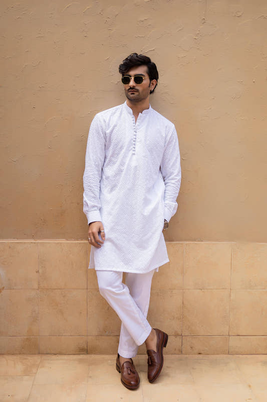 White Self Embroidered Kurta Trouser - Snug