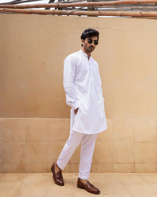 White Self Embroidered Kurta Trouser - Snug