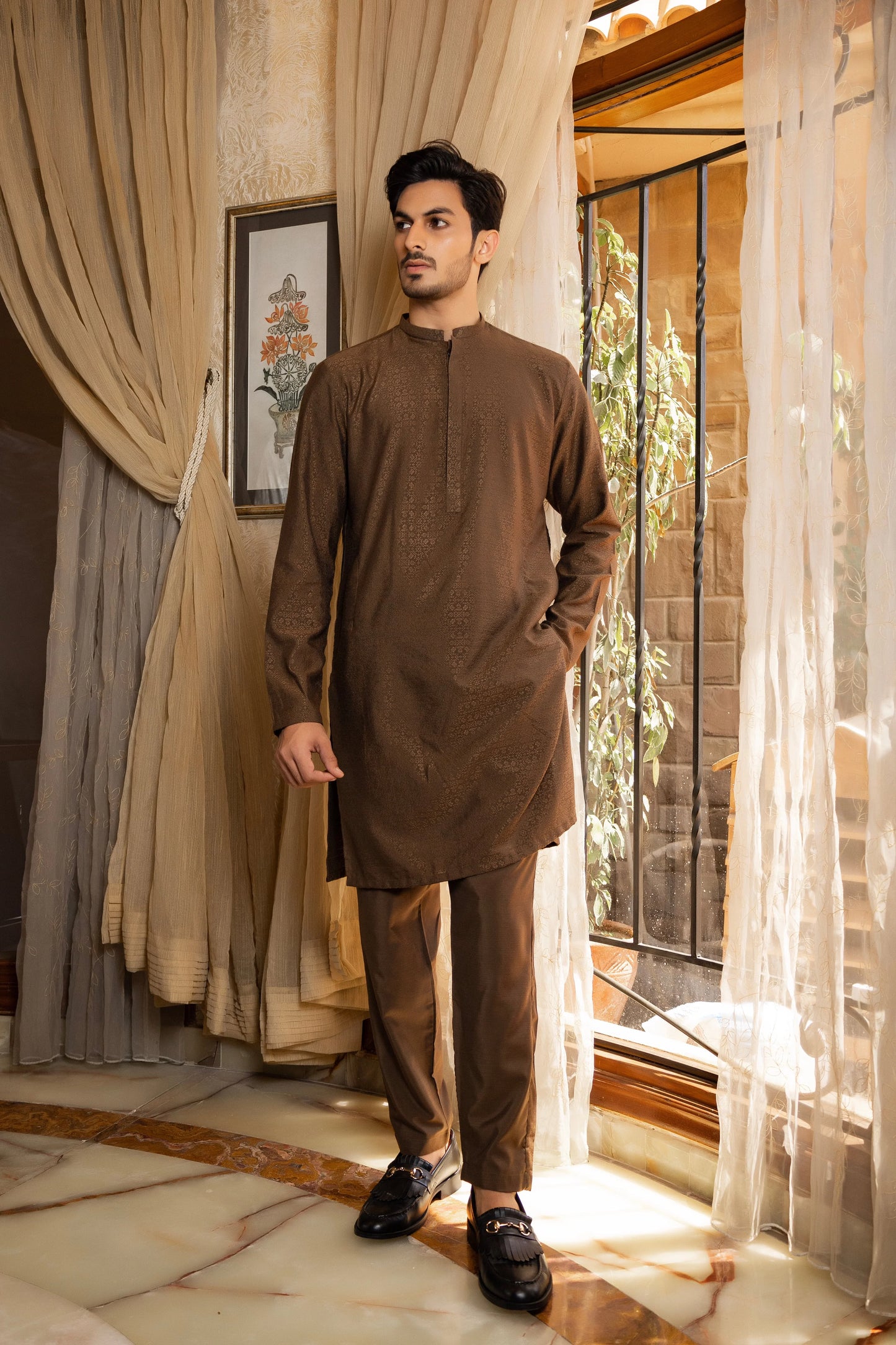 Brown Self Embroidered Kurta Trouser. - Snug