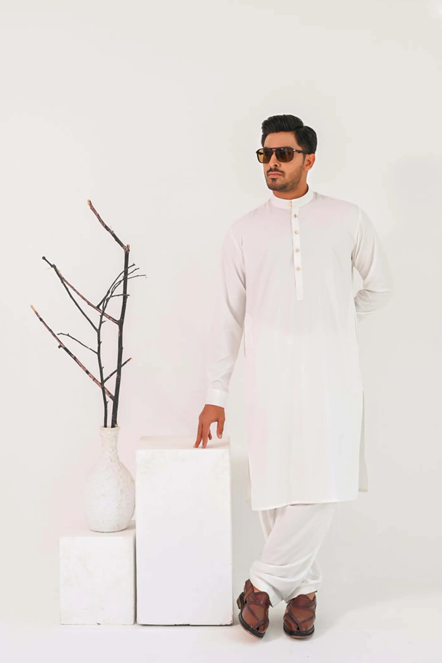Off White Kurta Shalwar with Self Embossed Blazer - Snug