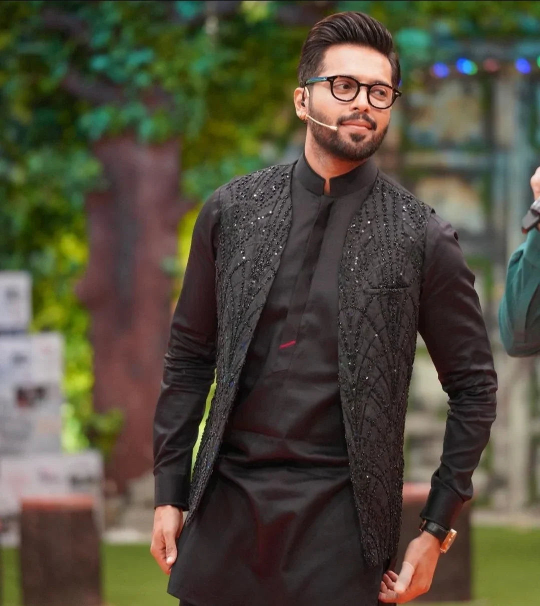 Black Hand Embroidered Waistcoat with Egyptian Cotton Kurta