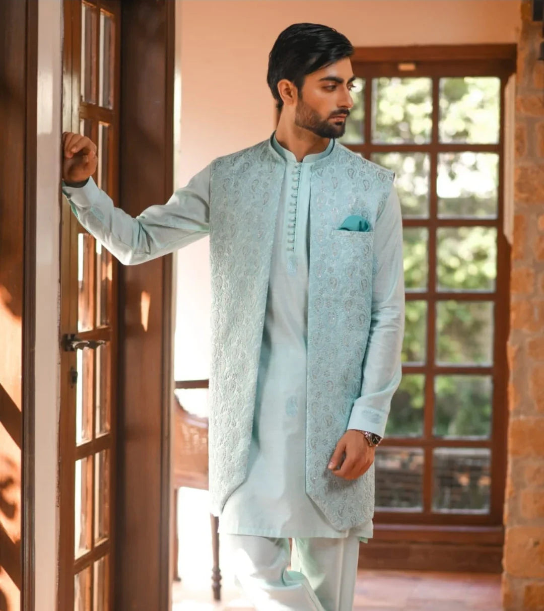 Aqua Embroidered Long Waistcoat with Paisley Kurta Trouser - Snug