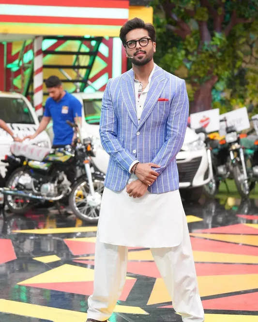Blue Stripe Blazer with Kurta Shalwar