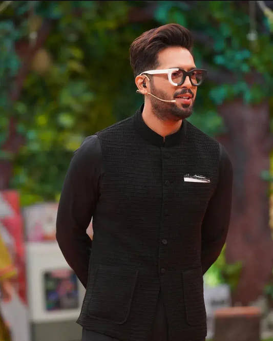 Black Pleated Loop Kurta Trouser with Embossed Waistcoat