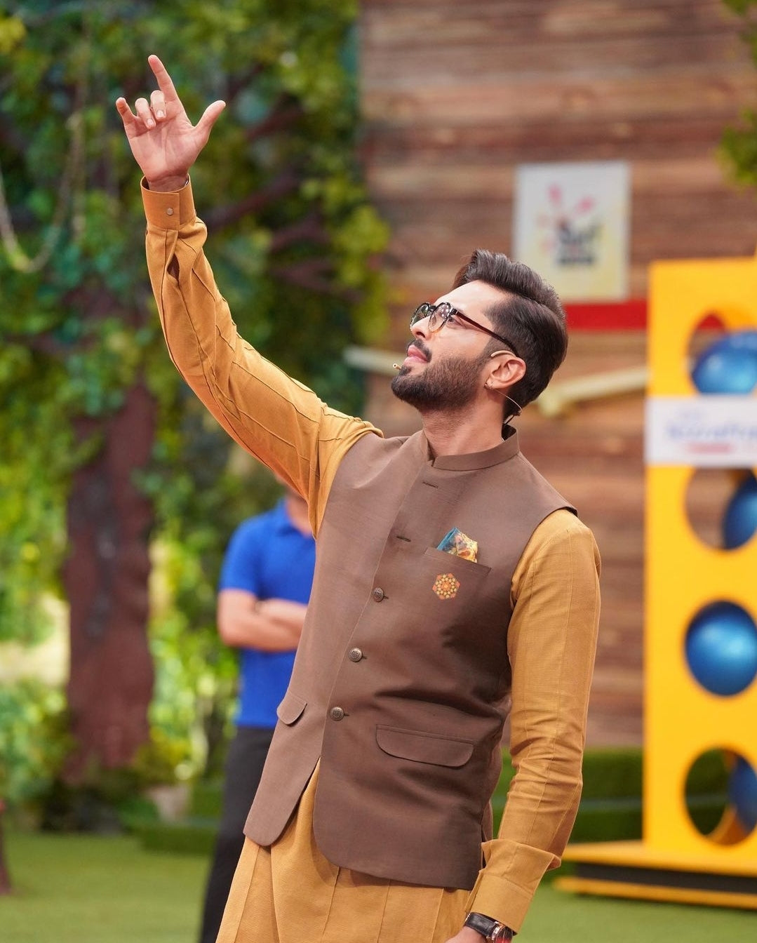 Mustard Kurta Trouser with Brown Cotton Silk Waistcoat.