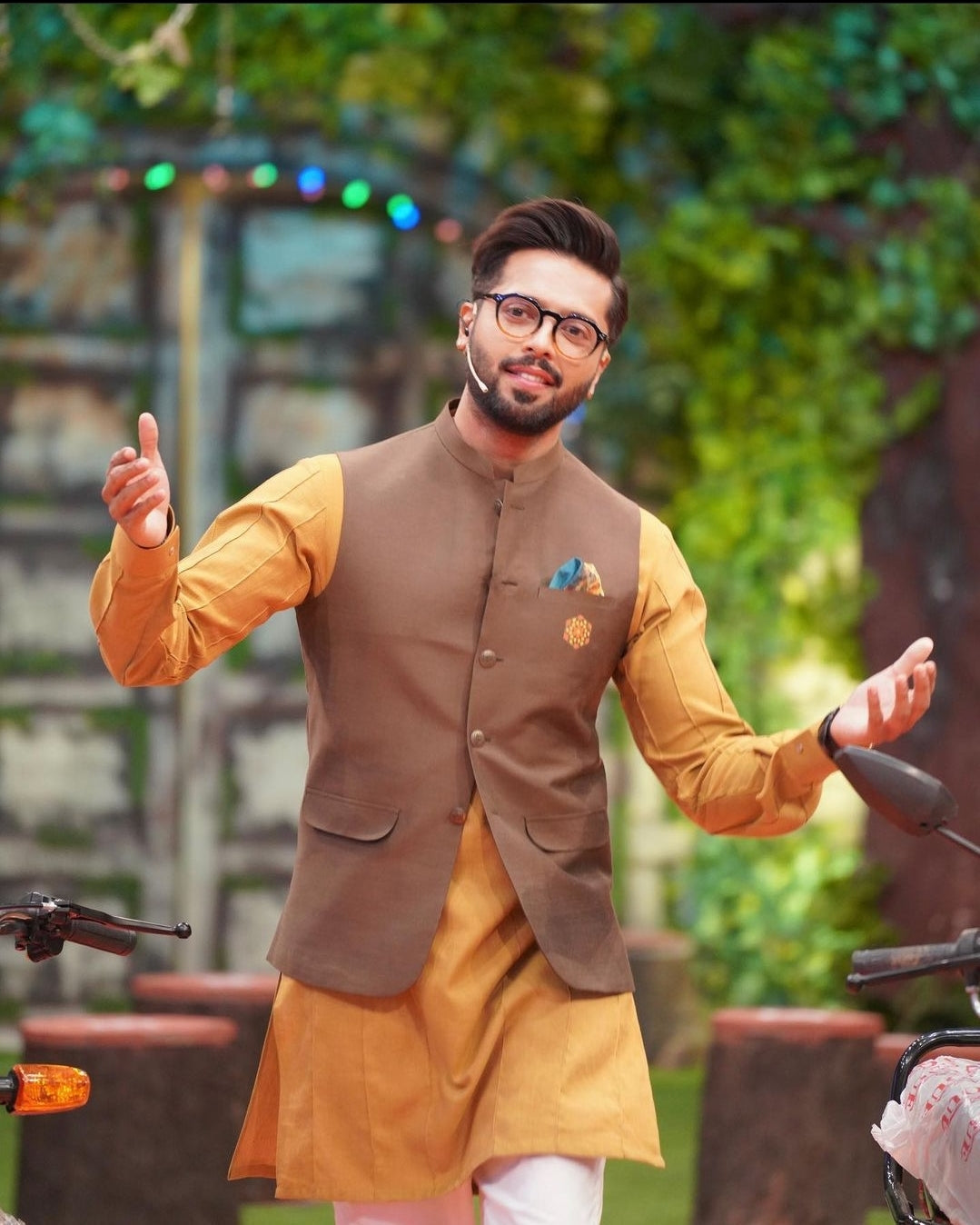Mustard Kurta Trouser with Brown Cotton Silk Waistcoat.