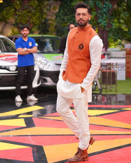 Rust Waistcoat with White Embroidered Kurta Trouser. - Snug