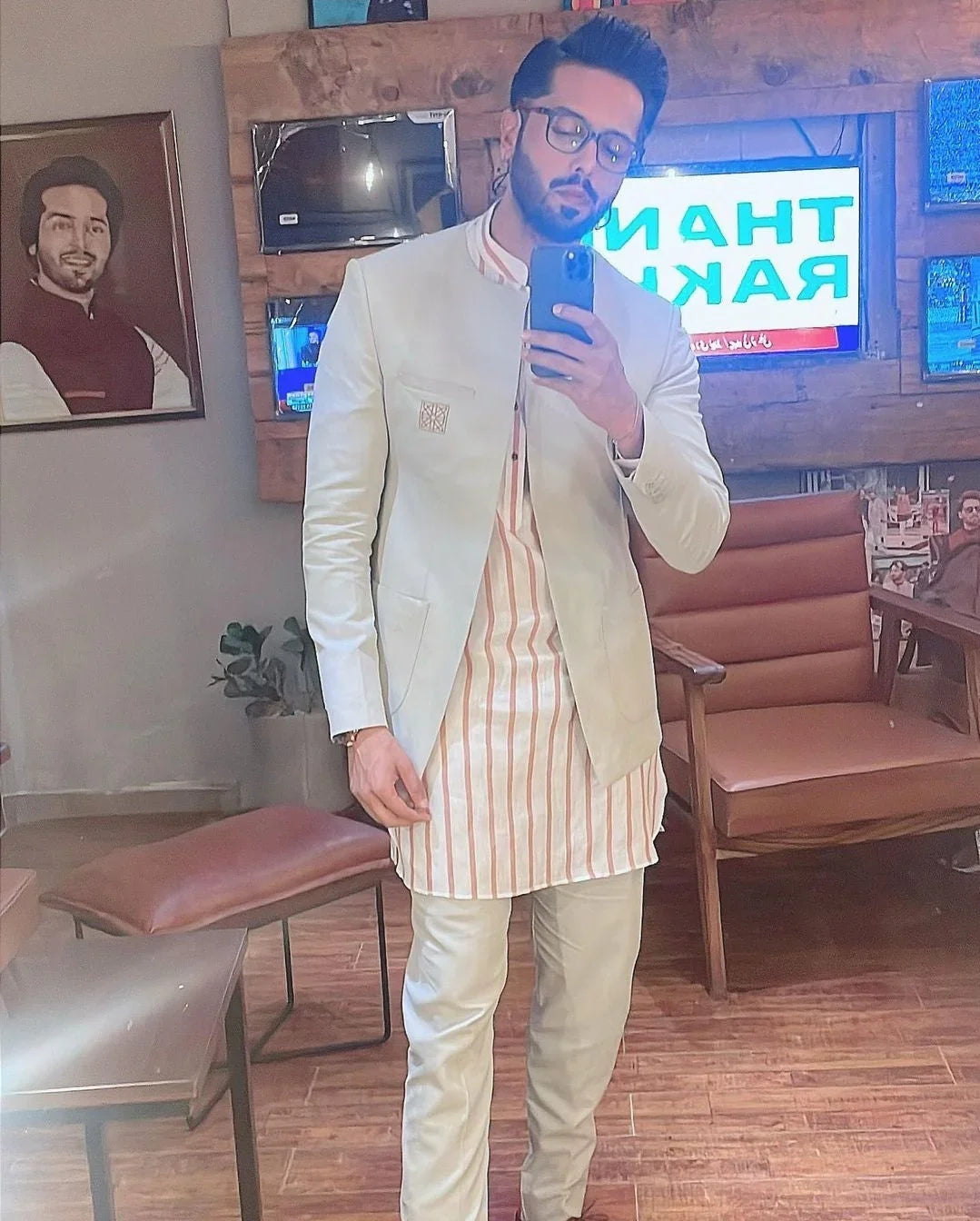 Pistachio Green Front Open with Rust Stripe linen Kurta & Pants. - Snug