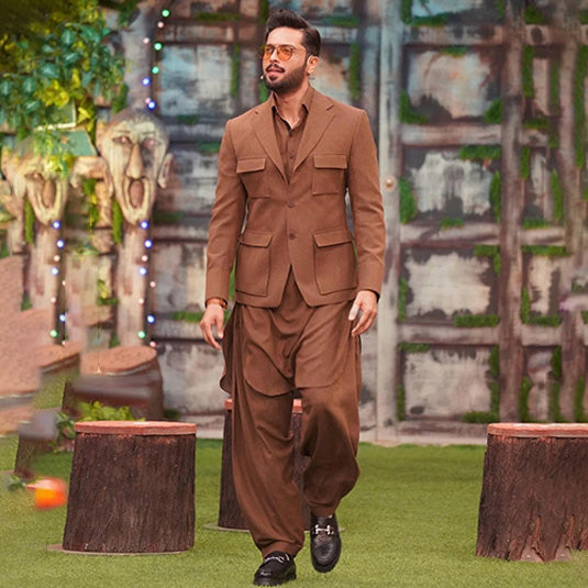 Karandi Finished Kurta Shalwar with Classic Pattern Blazer.