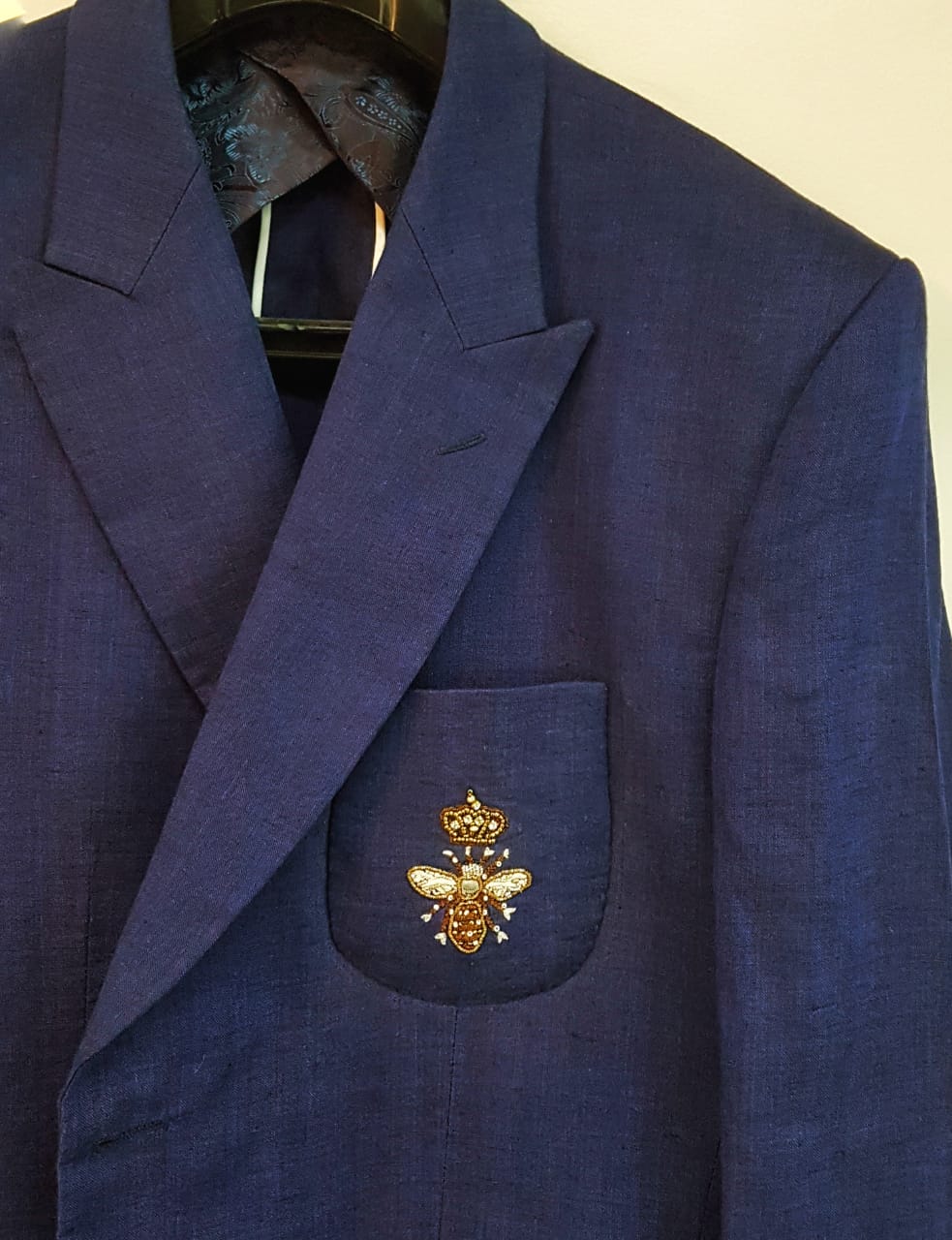 Hand Embroidered Linen Half Lining Royal Blue Coat By Snug