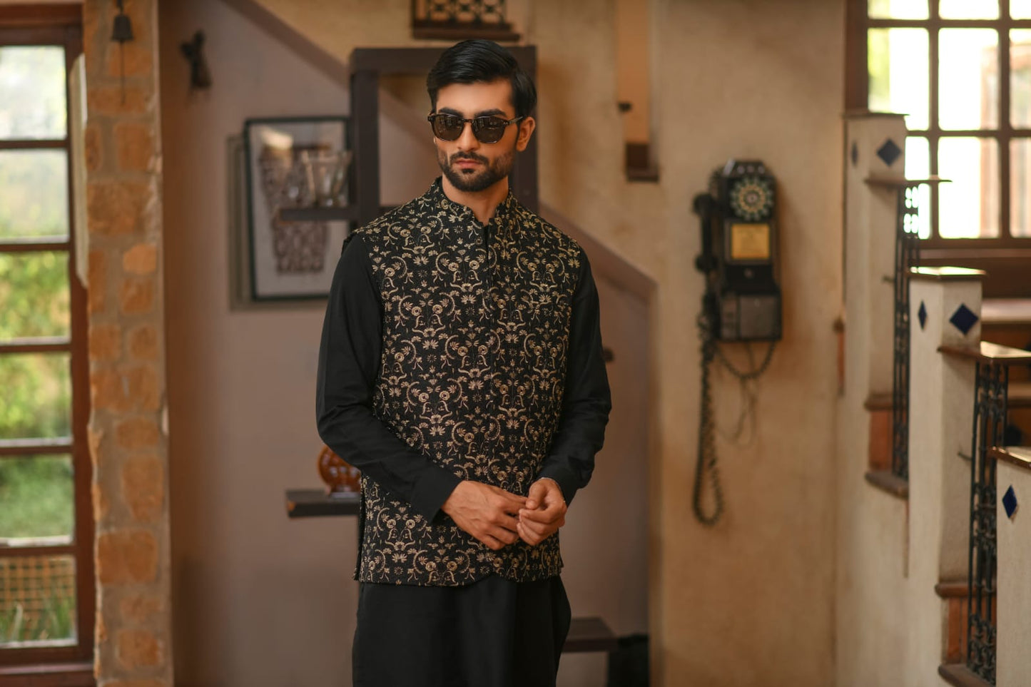 Golden Embroidered Waistcoat with Black Loop Kurta Trouser.