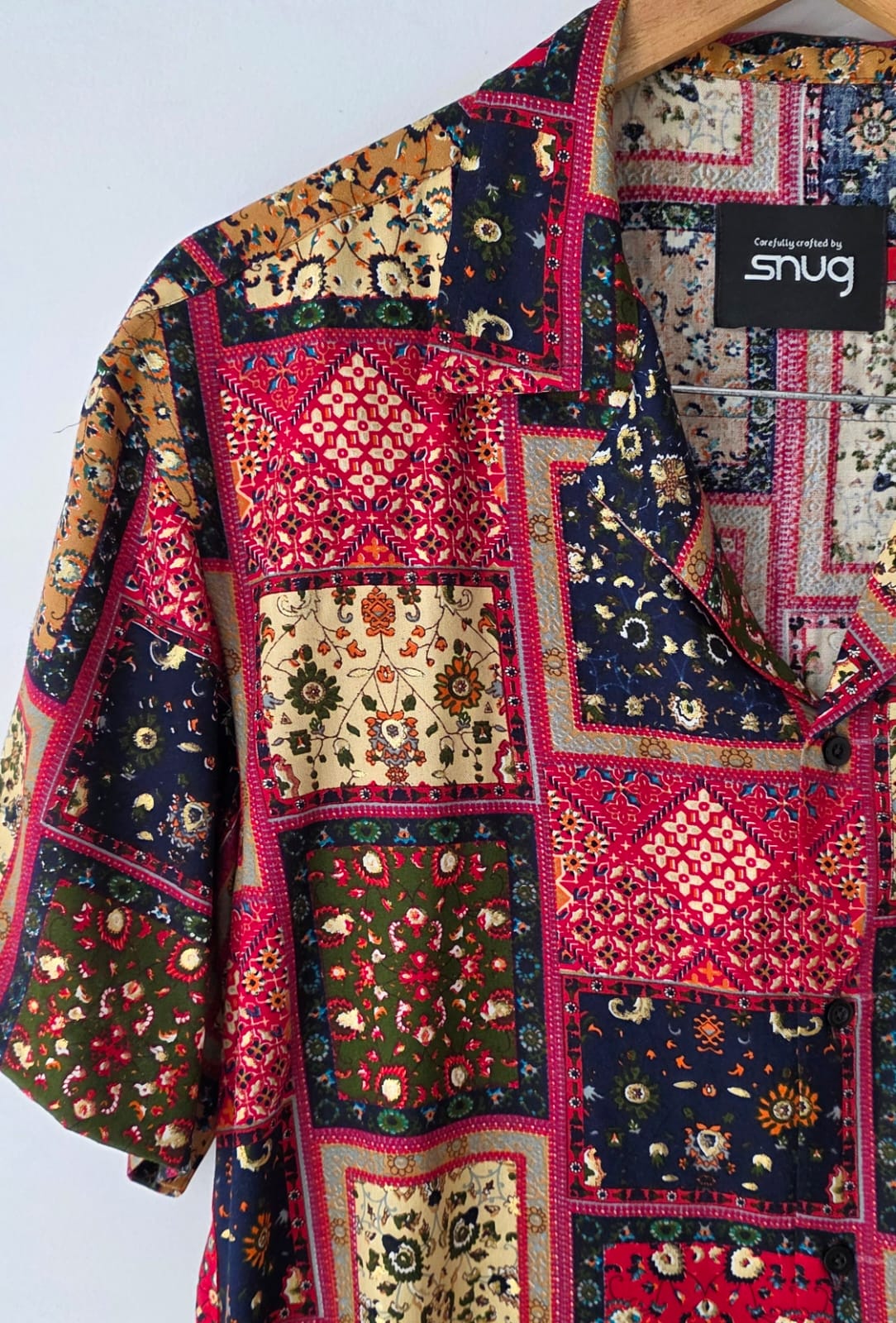 Snug Boho Patchwork Shirt men’s lightweight gauzy summer button-up shirt with patchwork print