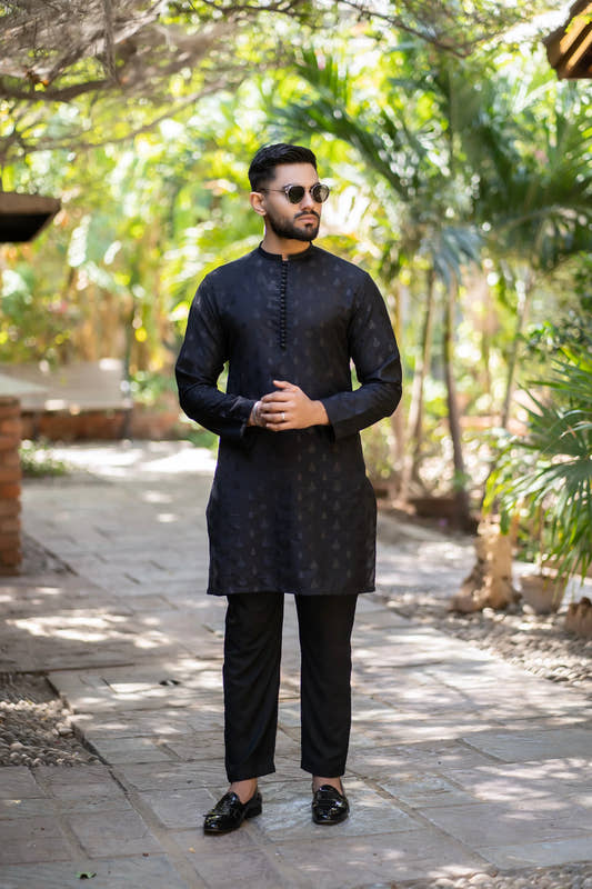 Artisan Black Embossed Kurta Trouser. - Snug