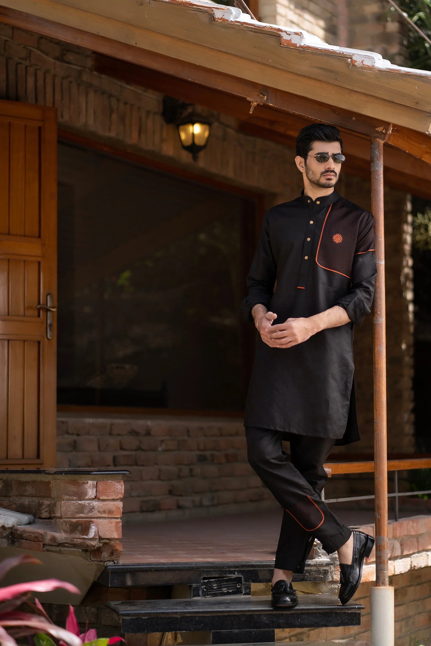 Rustic Elegance: Fahad Mustafa Black Linen Kurta, Trouser & Waistcoat Ensemble. - Snug
